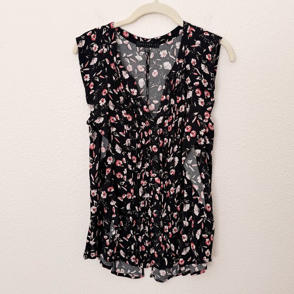 [Sanctuary] Black Sleeveless Floral Button Front Pleated Ruffle Blouse Sz Medium